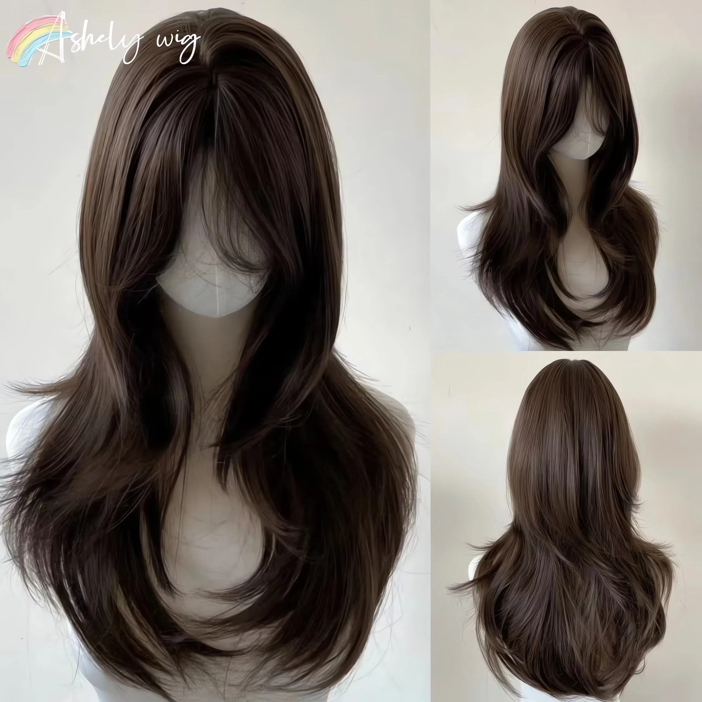 Ashely Brown Perücke für Frauen, Haarband, gewellte synthetische Perücke mit Pony und Seitenlaschen, hochwertige Haarperücke für den täglichen Gebrauch. – Detail 2