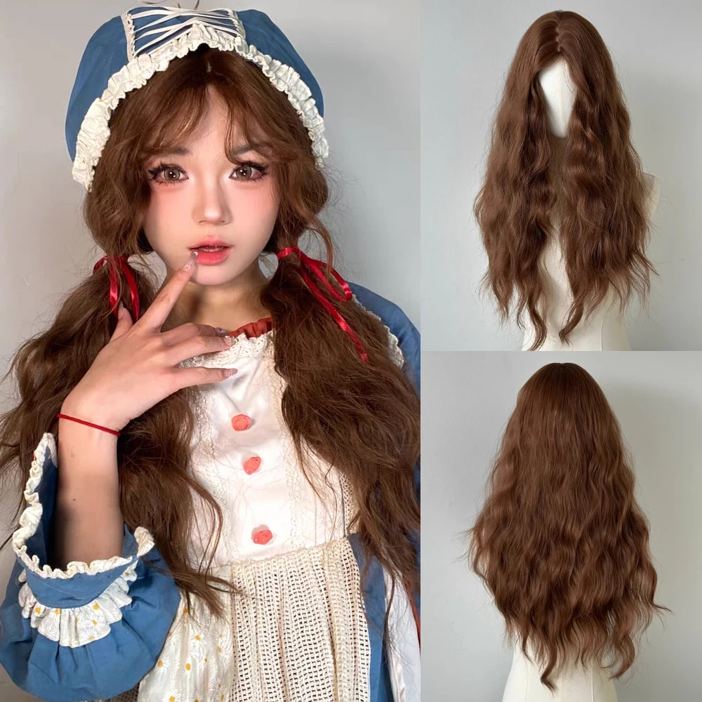 

Brown Long Synthetic Wavy Curly Fluffy Wig with Bangs for Women Lolita Cosplay Hair Wig for Daily Party
