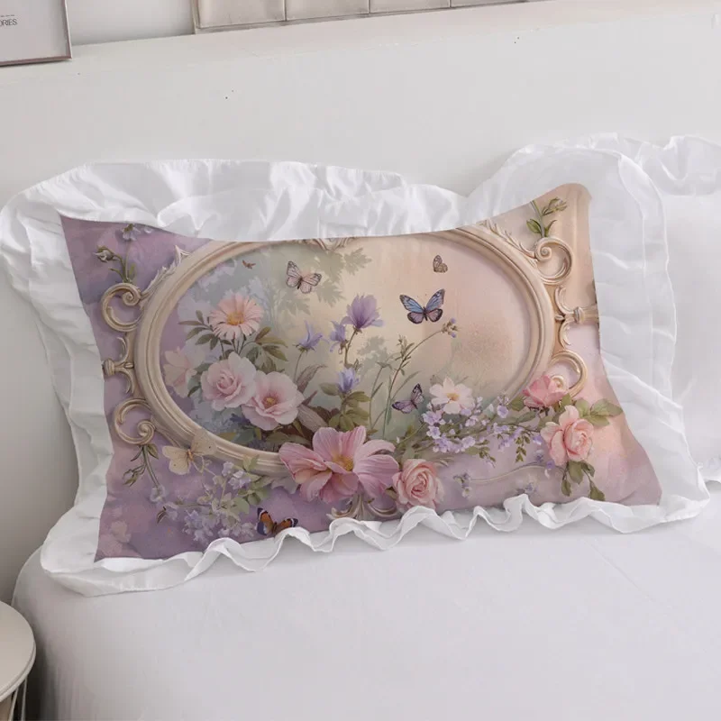 Printed Bedroom French Princess Purple Flower Pillowcase Set Double Layered Lace Pillow Cover There Are 3 Colors To Choose From