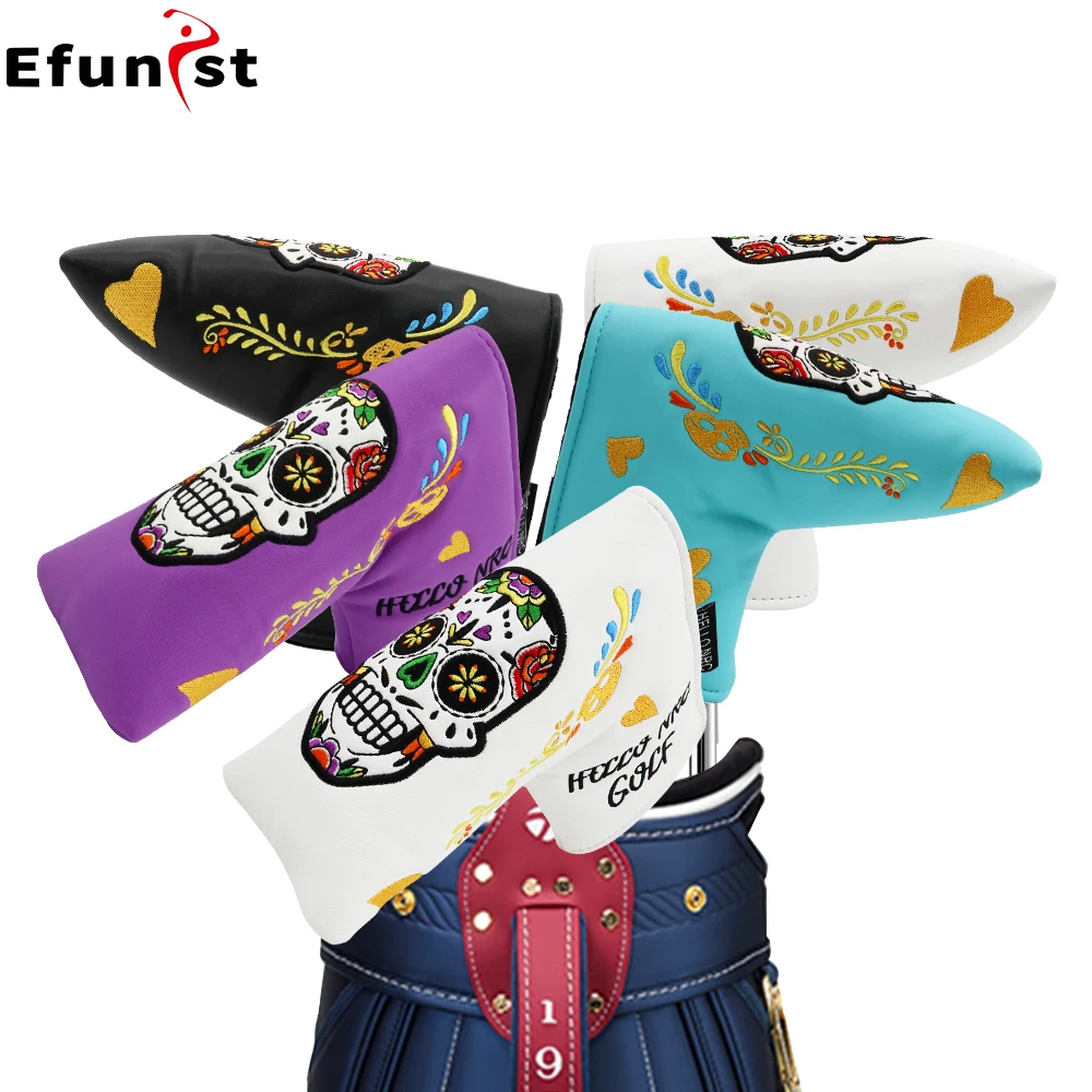 Golf Club Putter Headcover Blade Putter Magnetic Opening And Closing Skull Head Pattern PU Leather Golf Sports Accessories