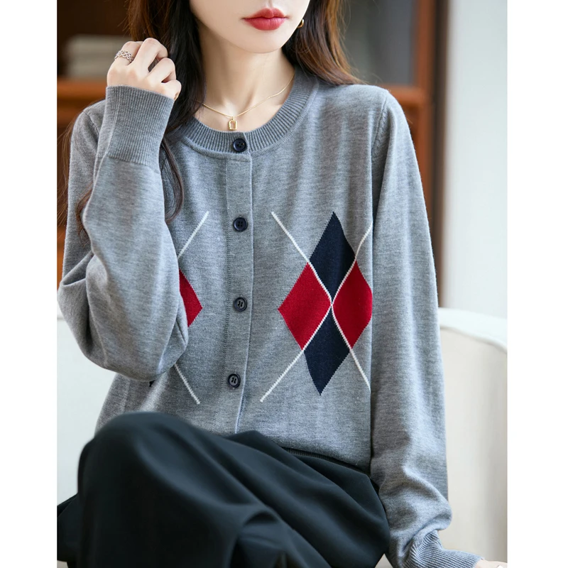 100% Merino Wool Women's Cardigan Sweater Buttoned Rhombus Grid Knitwear O Neck Pure Wool Clothing Autumn Winter Tops