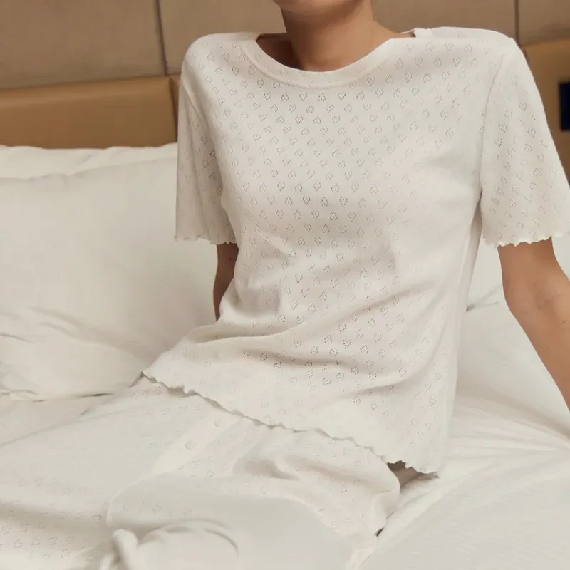 

European Spring Summer Knit Cotton Pajamas Sets 2pcs Casual Homewear Lady's Loungewear Short Sleeve Pants Set