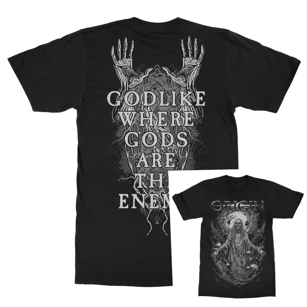 Origin T‑Shirt Dark Cosmic Fantasy Artwork Powerful Demon Deity Portrait Intertwined with Burning Space Nebula