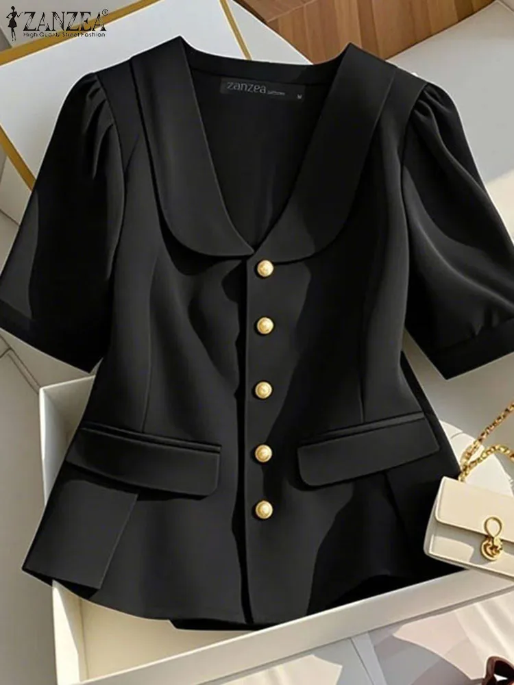 

ZANZEA Elegant Office Lady Shirts Summer Women Tops Tunic Short Puff Sleeve Work Blouse Stylish Lapel Neck Solid OL Blusas Mujer