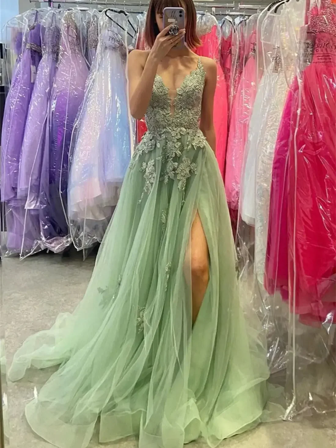 Vestidos elegantes de renda verde para mulheres, decote V, cinta de espaguete, fenda frontal, linha A, festa formal, vestido de baile, oferta especial, 2024