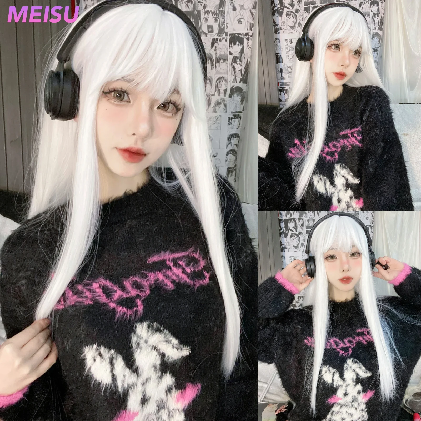MEISU 24 Inch Straight White Bangs Wig Wihte Synthetic Fiber Layered Hair Heat-Resistant Natural Smooth Christmas Cosplay Party