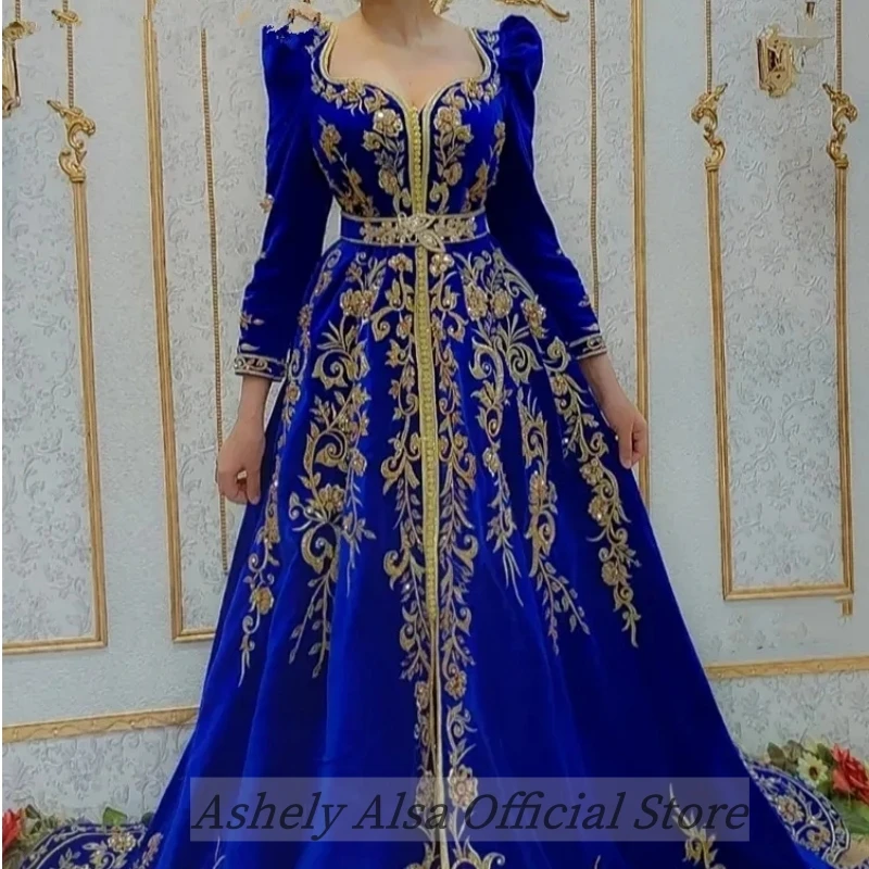 Königsblau lange Ärmel Abendkleider marok kanis chen Kaftan formelle Party Ballkleider Gold Spitze Applikationen algerian ische Outfits Karakou