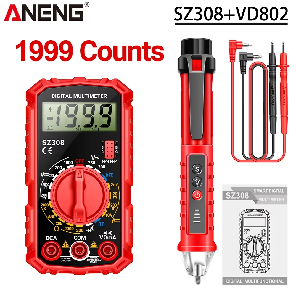 ANENG SZ308 Digitales Multimeter Gratis Geschenk VD802 Spannungsprüfstift 1999 Messungen AC DC Spannungs- und Strommessgerät Widerstands- und Kapazitätsmessgerät