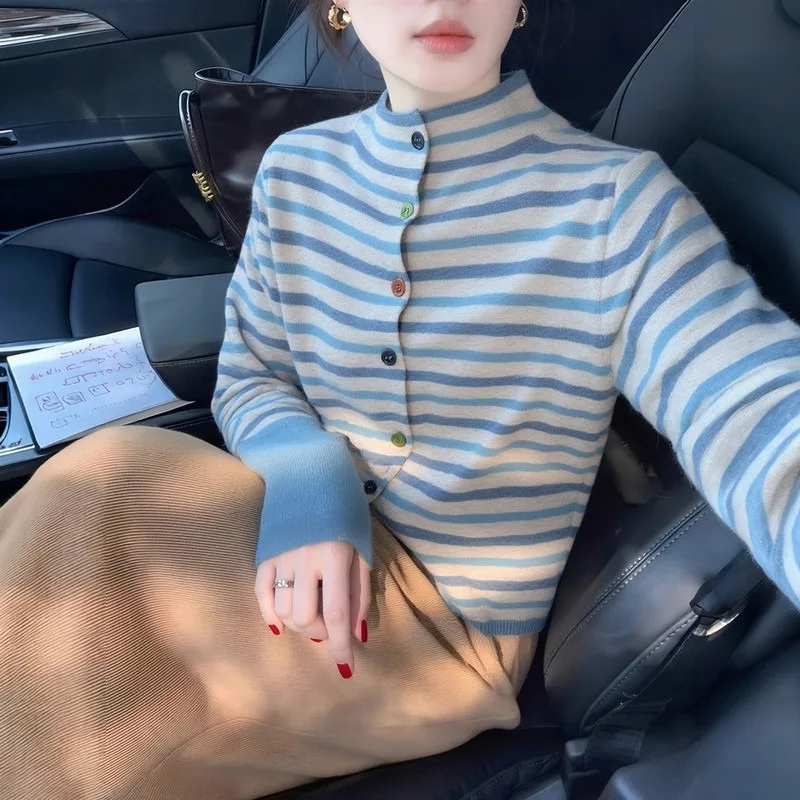 Women Blue Gray Striped Knit Cardigan Color Buttons Korean Style Chic Long Sleeve Top