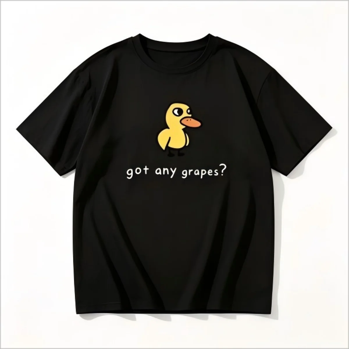 Cute Yellow Duck Graphic T-Shirt, Got Any Grapes Cartoon Print Casual Top, Unisex Short Sleeve Tee, Fashion Matching Outfit Gift