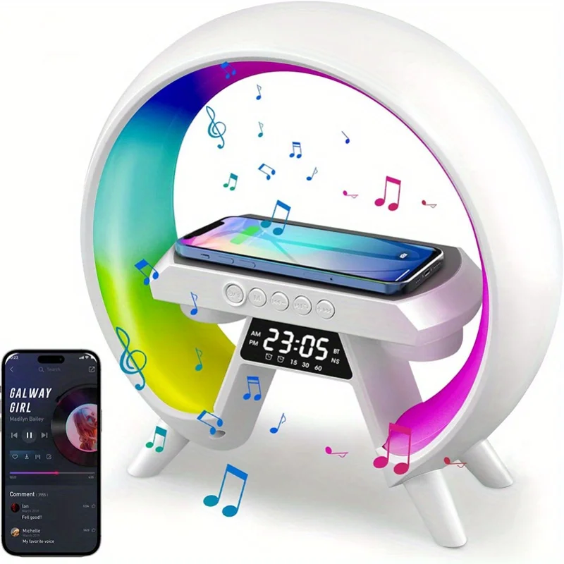 

15W Wireless Charger With Alarm Clock LED Light 5-in-1 Portable Bluetooth Speaker Smart Bedside Table Lamp Charging Station