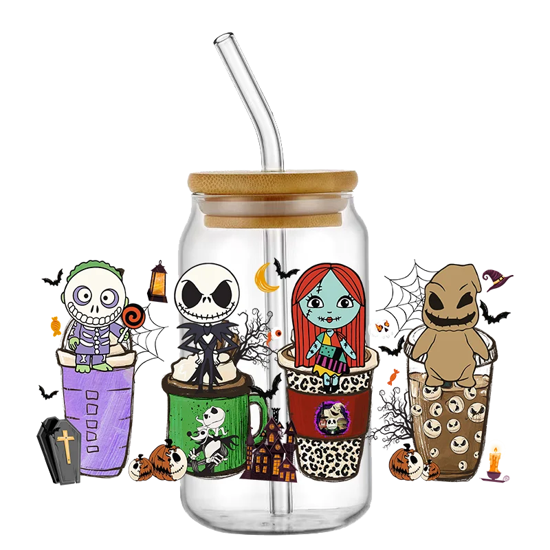 UV DTF Cup Wrap Transfer Stickers for Glass, Jack and Sally Rub on Transfers Decal for 16OZ Glass Cups Furniture Wood Craft