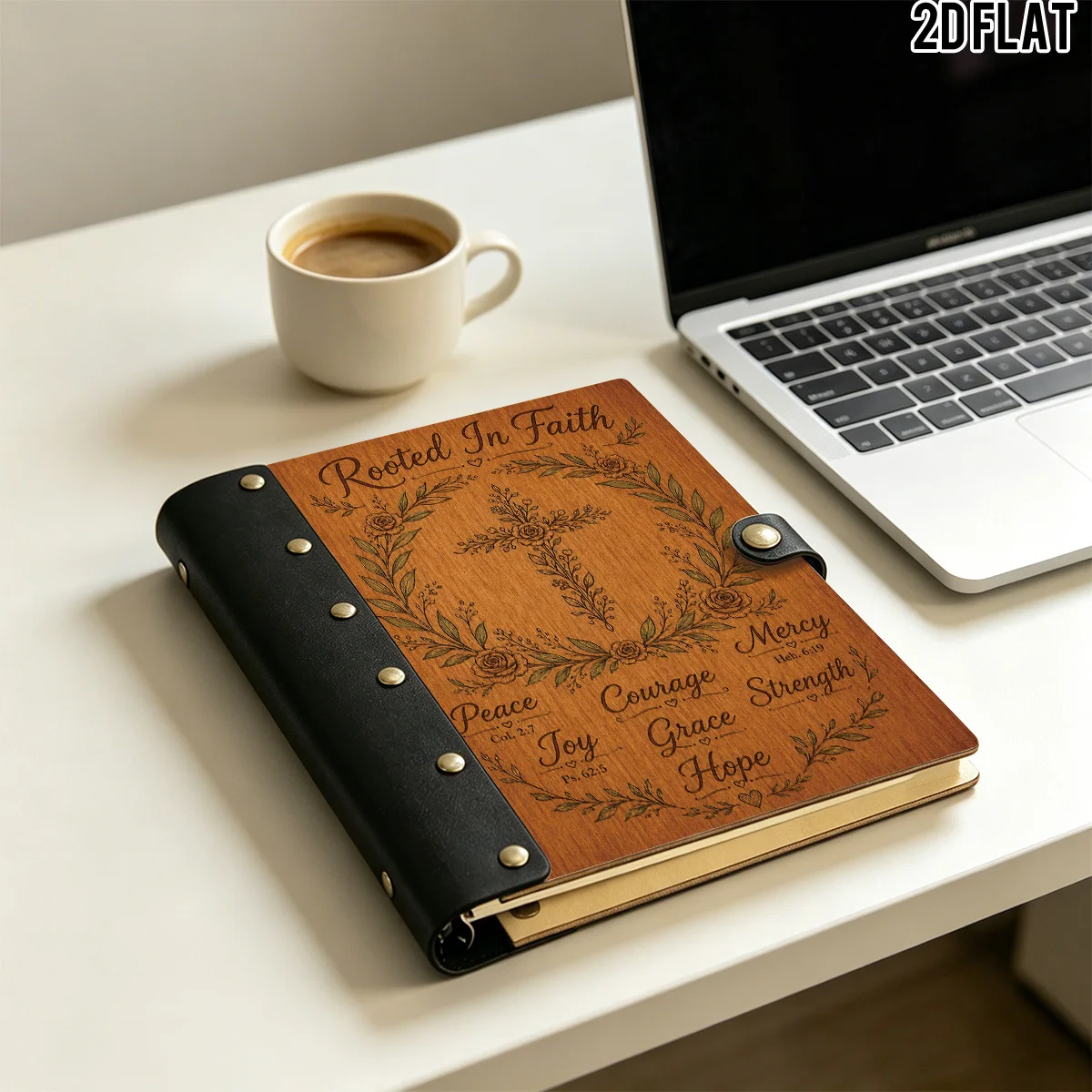 1PC 2DFlat Wooden Notebook, Rooted In Faith Rose Cross Wreath Scripture Print, Hardcover 100 Pages With Leather Rivet Craft Deco