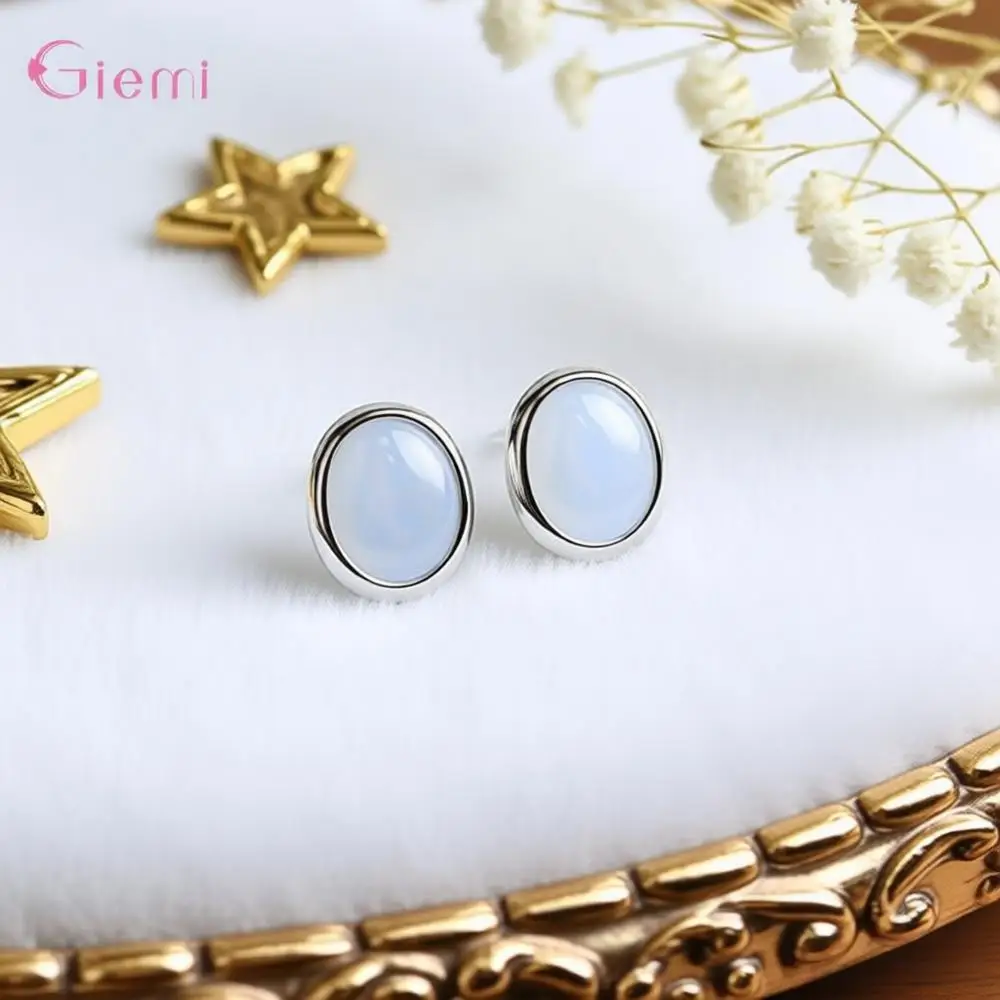 Elegant 925 Sterling Silver Oval White Opal Stud Earrings for Women Girls Engagement Party Fashion Jewelry Gifts Accessory