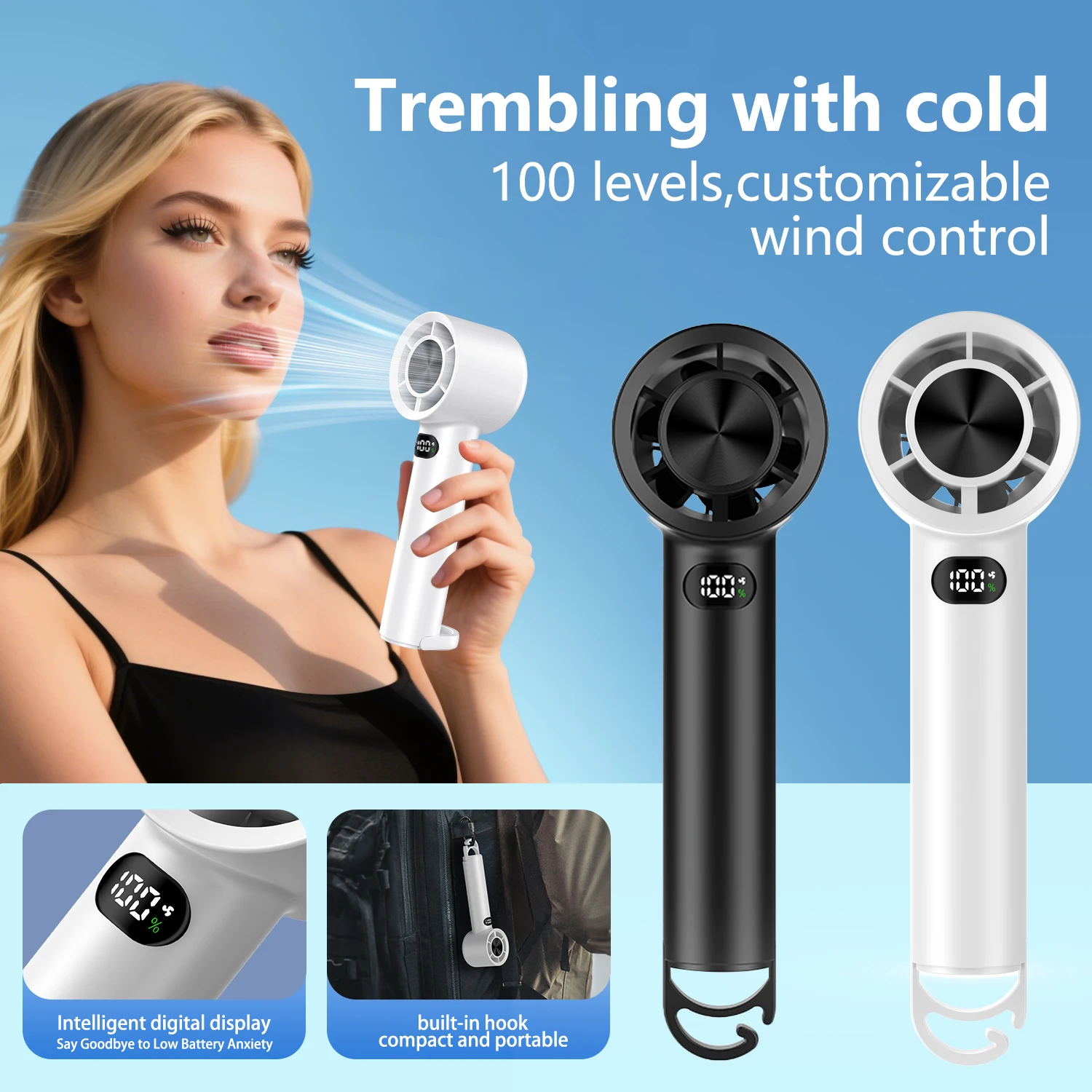 

Ручной мини-вентилятор, 100-скоростной регулируемый USB-перезаряжаемый вентилятор со светодиодным дисплеем, летнее охлаждение, электрический вентилятор для улицы