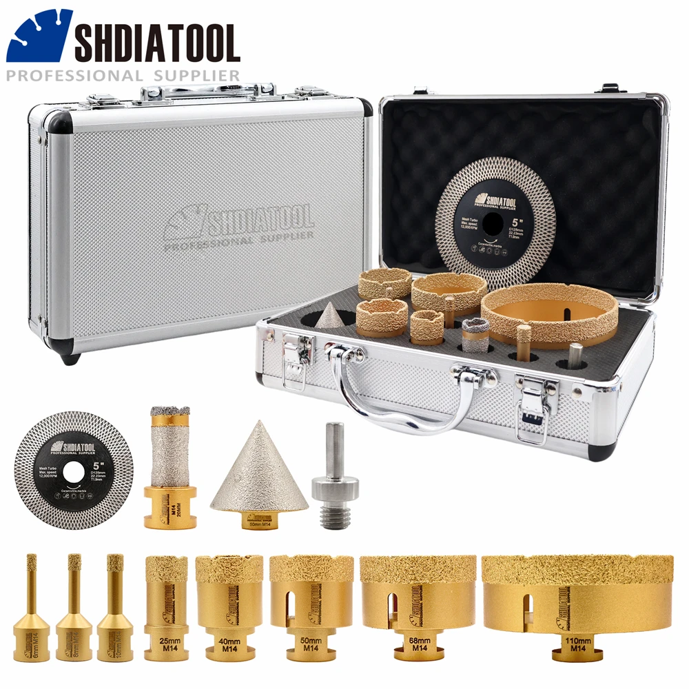 

SHDIATOOL 11Pcs 6-110mm Diamond Drill Bits Set+20mm Drilling Milling Crown Hole Saw Core Bit+ 50mm Chamfer+X Mesh Cutting Disc