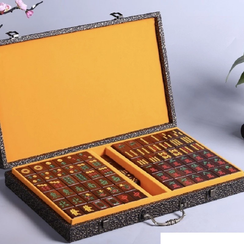 Hand-Carved Mahogany Mahjong Set for Red Sandalwood Chess and Dice Games Collectible Art Craft Gift