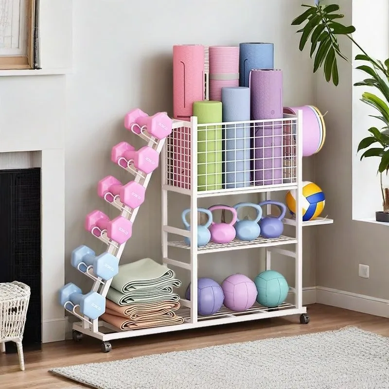 Portable Wheeled Household Storage Rack Organizer for Yoga Mat Foam Roller Badminton Dumbbell Sports Gear Toy Fitness Equipment