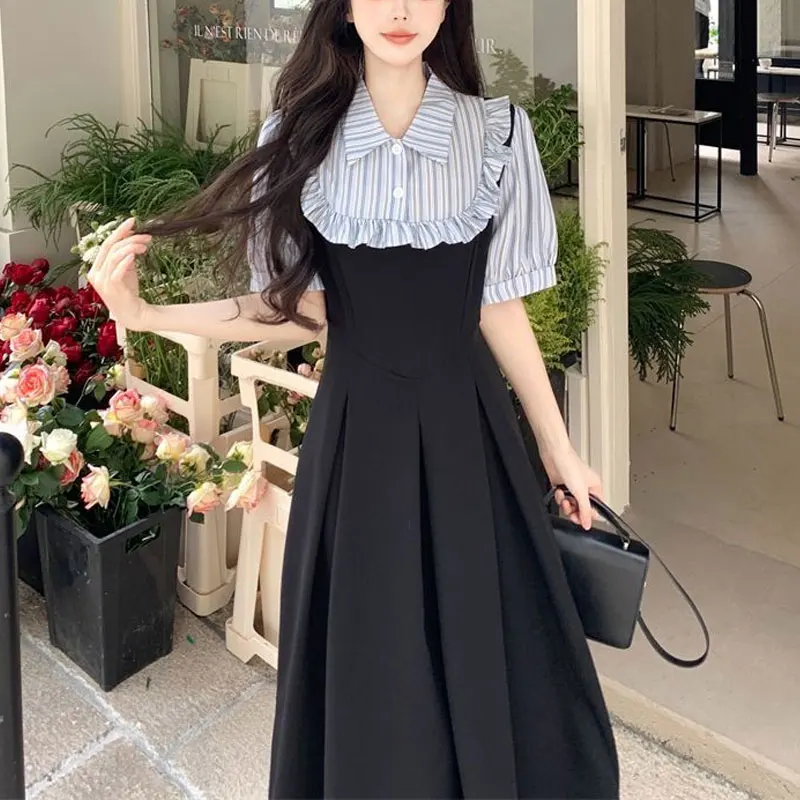 

Preppy Style Polo-Neck Midi Dress Female Clothing Fake Two Pieces Summer A-Line Waist Fashion Ruffles Spliced Striped Dresses