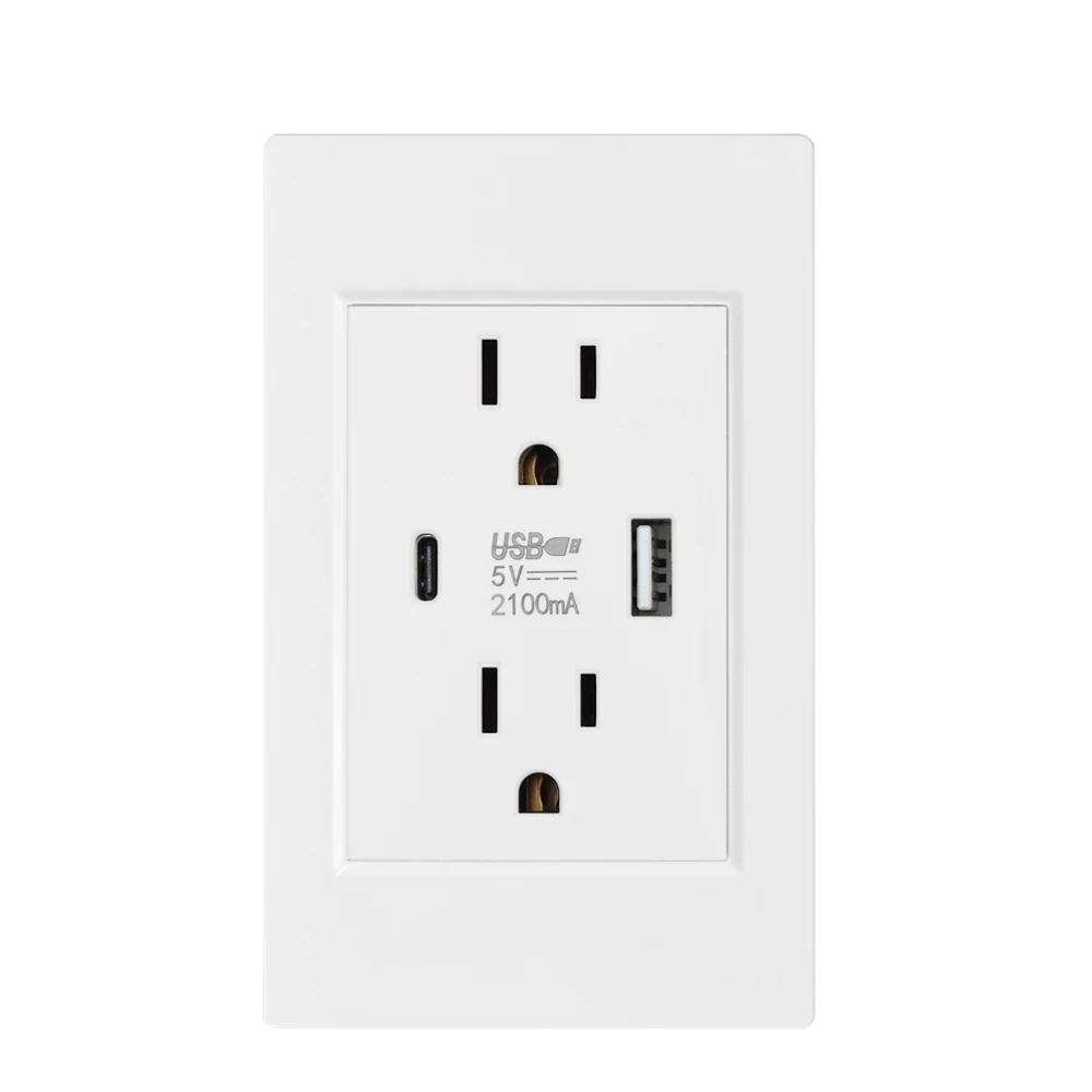 US Standard Wall Socket with USB Type-C Charging Port 5V 2.1A, 118*72mm PC Panel