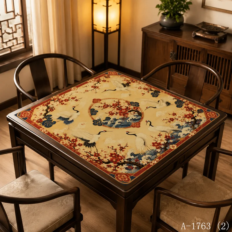 VIKAMA Red Plum Crane Mahjong Table Mat Non Slip Square Game Pad Traditional Oriental Chinese Game Table Decor Pad