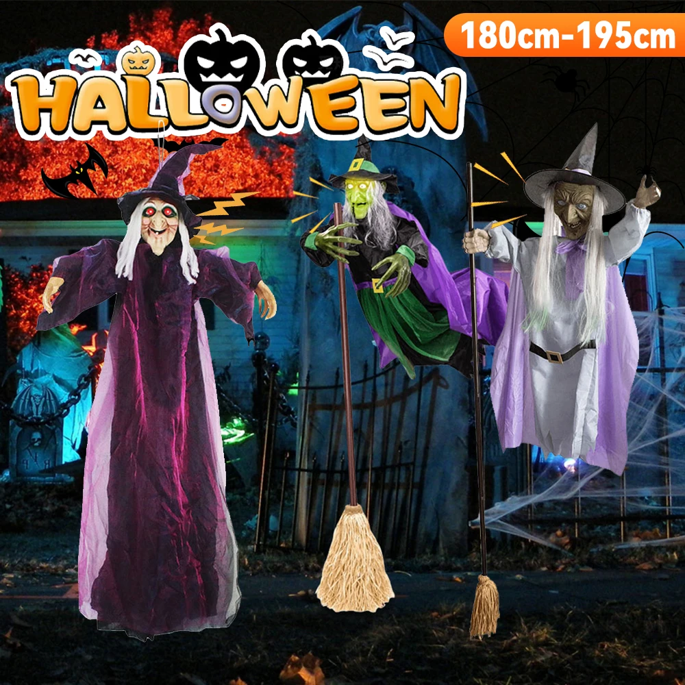 Halloween Decoration Flying Witch Broom Prop with Scary Screaming Sounds and LED Lights Light-Up for Garden Yard Lawn Indoor