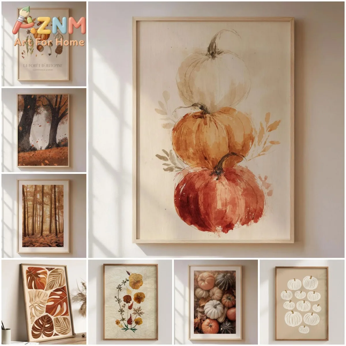 AZNM Watercolor Pumpkin Forest Leaf Vintage Autumn Canvas Wall Art, Neutral Rustic Fall‑themed Frameless Canvas Print Poster for