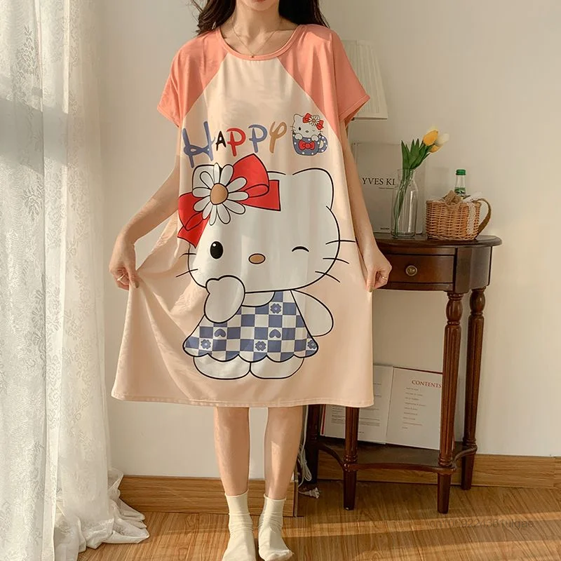 Sanrio Cinnamoroll Hello Kitty Summer Dress Oversized Tshirts Women Casual Fashion Home Clothes Y2k Female Loose Pajama Dresses