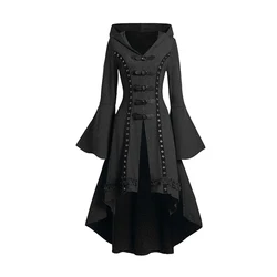 Dressfo Women's Grommet Gothic Hooded Top High Low Hem Buckle Flare Sleeve Frilled Top Long Sleeves Hooded Halloween Tops