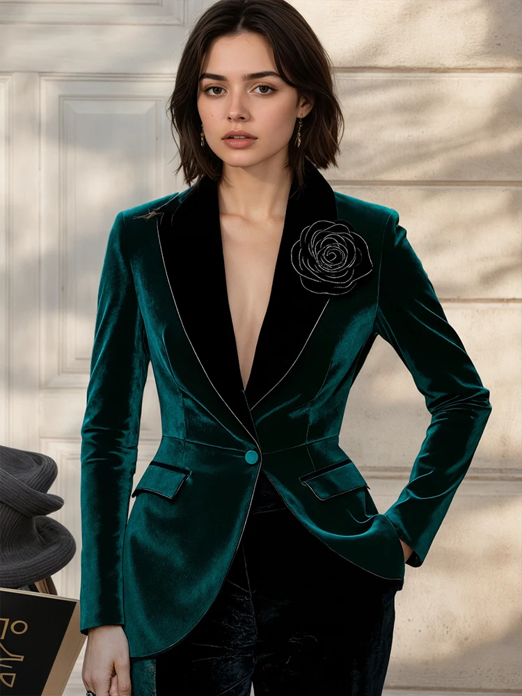 

Women Velvet Blazer Jacket Turn Down Collar Floral Decarate Single Button Vintage American Retro Autumn Winter Coat Outerwear