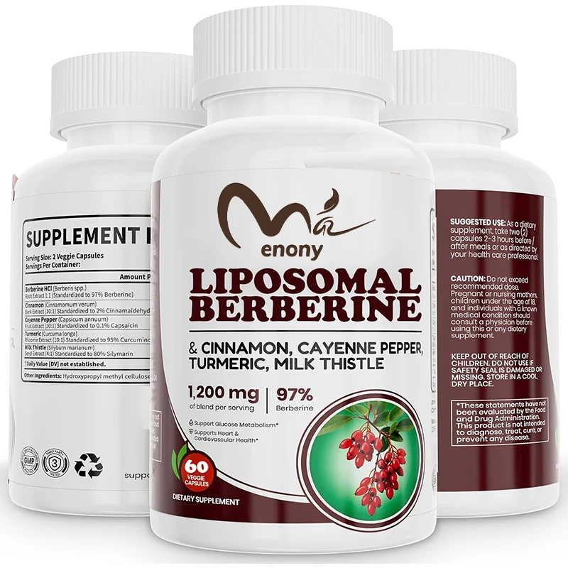 Berberine supplement, containing Ceylon cinnamon, chili powder, turmeric, milk thistle, vegan and non GMO, 60 capsules