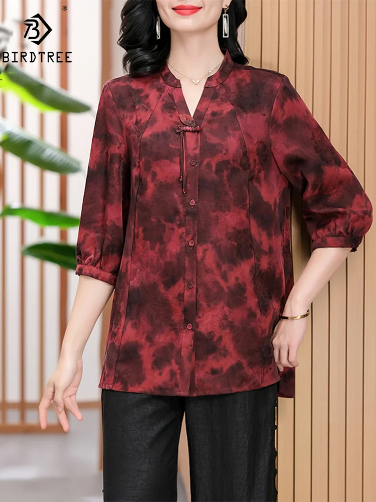 

BirdTree, Watered Gauze Real Silk Shirts, Women Half Sleeve Tie Dye, Commute Elegant Retro Blouse, 2024 Spring Summer T45741QM