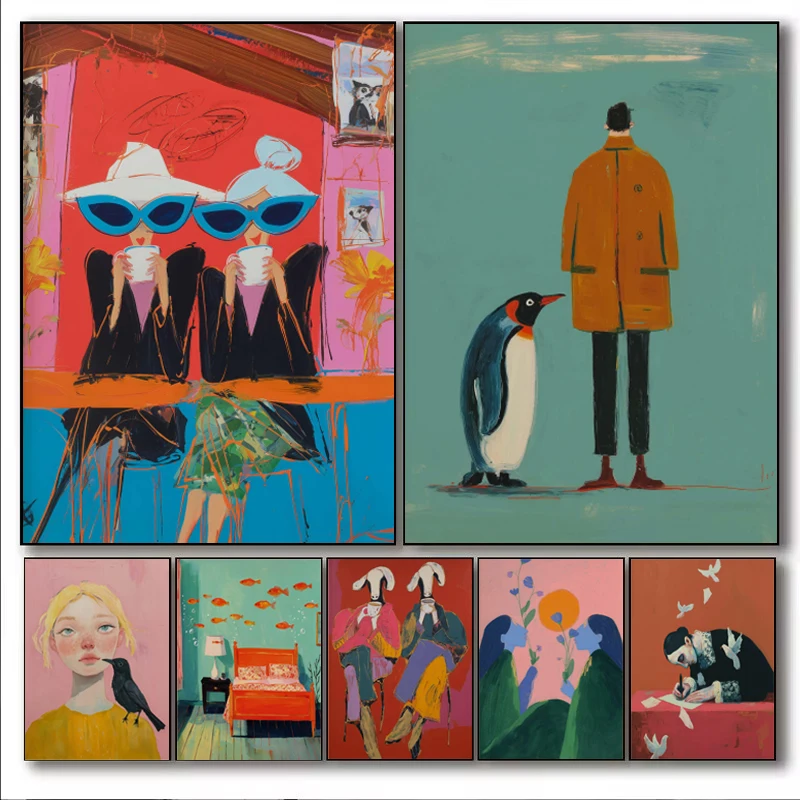 Retro 60s Abstract Surreal Funny Cute Animal Lovers Coffee Artwork Poster Canvas Paintings Wall Pictures Home Kitchen Decor