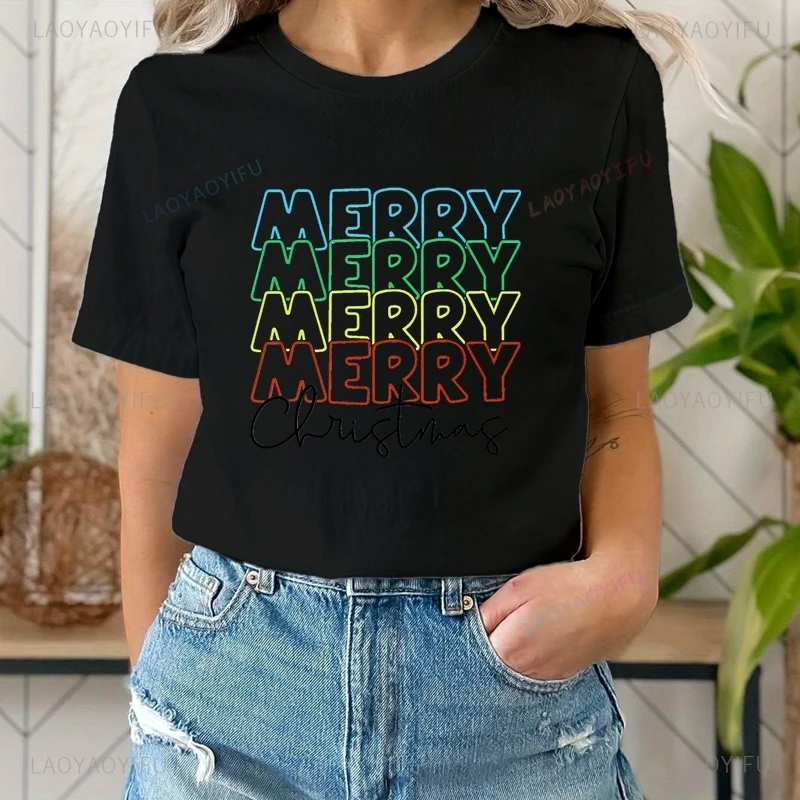 MERRY CHRISTMAS Print Shirt, Women's Everyday Casual Street Wear, Christmas 0 Top Fashion Short-sleeved Cotton T-shirt
