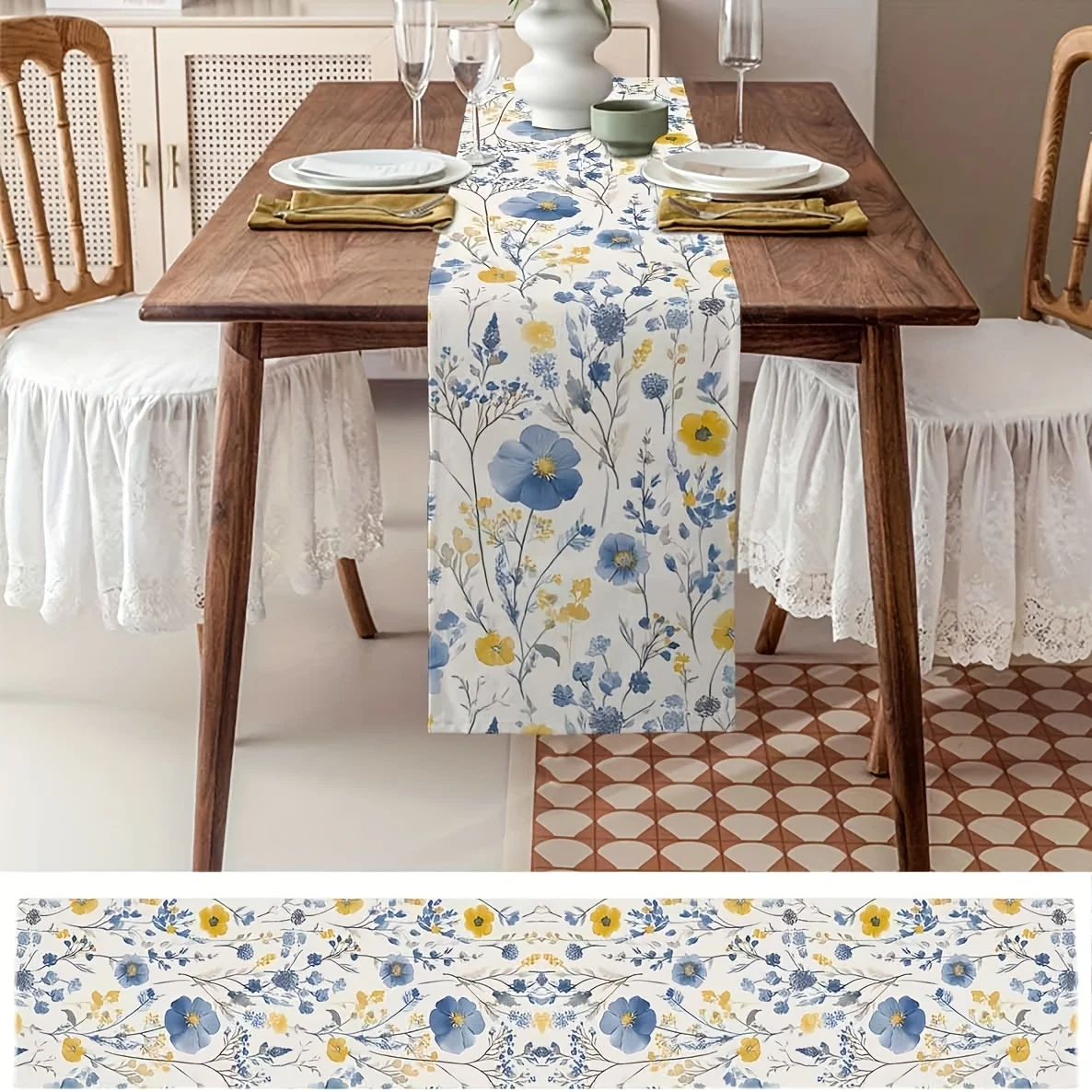 

1pc Blue & Yellow Wildflower Linen Table Runner, 2D Print Pastoral Table Decor, Kitchen Dining Living Room Decor, Gift for Natur