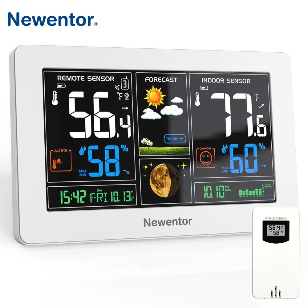 Newentor Weather Station Alarm Clock Time Calendar Wireless Indoor Outdoor Temperature Hygrometer Forecast with Humidity Sensor