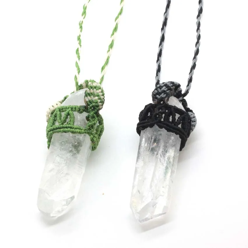 Natural White Crystal Column Stone Pendant Handmade Thread Rope Wrap Braided Macrame Healing Crystal Quartz Reiki Chain Necklace