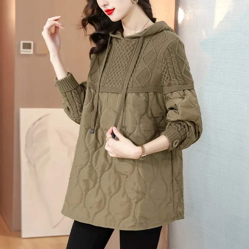 Women Literary Artistic Retro Patchwork Hooded Cotton Jacket Female Winter New Loose Slim Casual Mid Length Cotton Coat Pullover