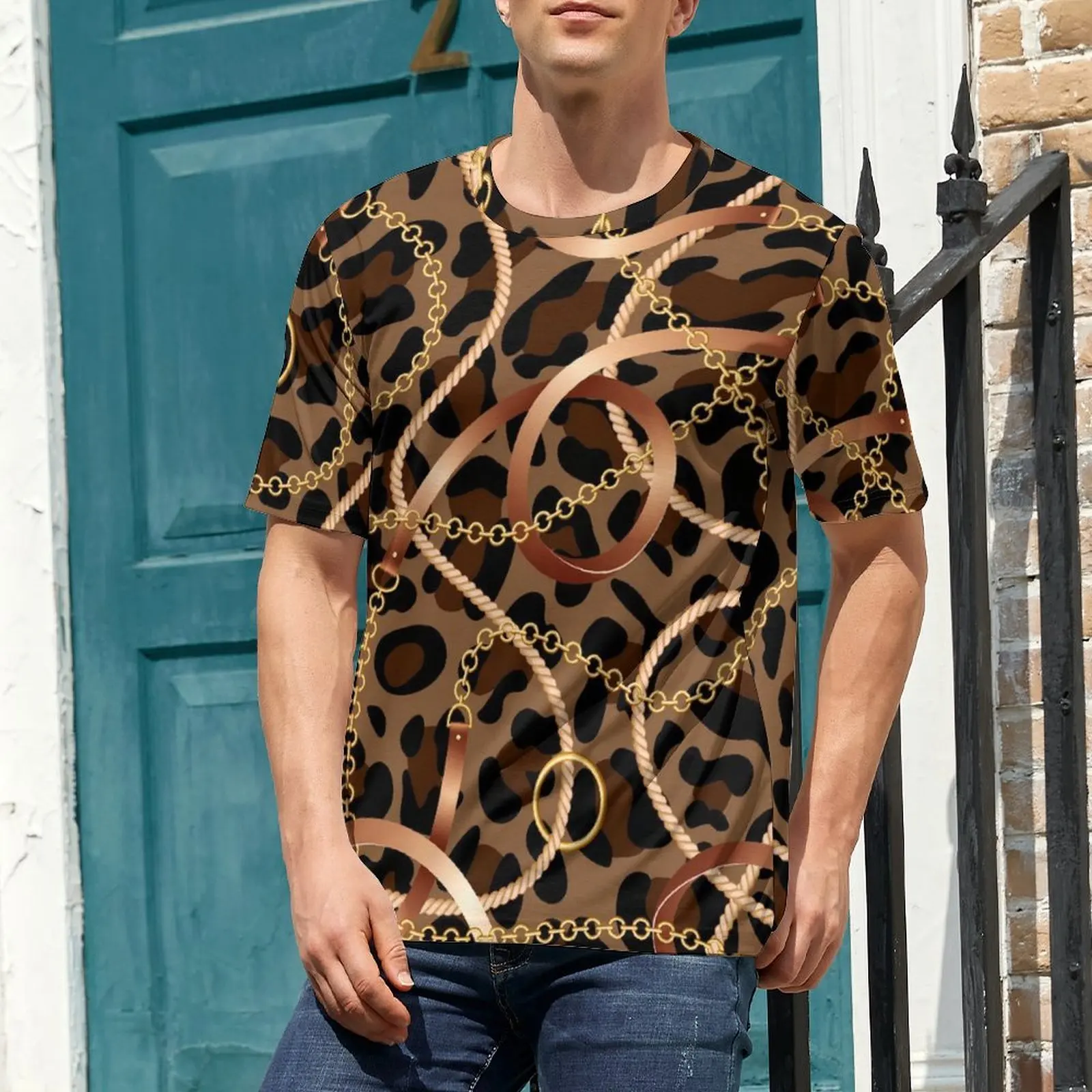 Man Gold Chain And Belts T Shirt Leopard Cheetah Harajuku T-Shirts Short Sleeves Pattern Tops Summer Kawaii Plus Size Top Tees