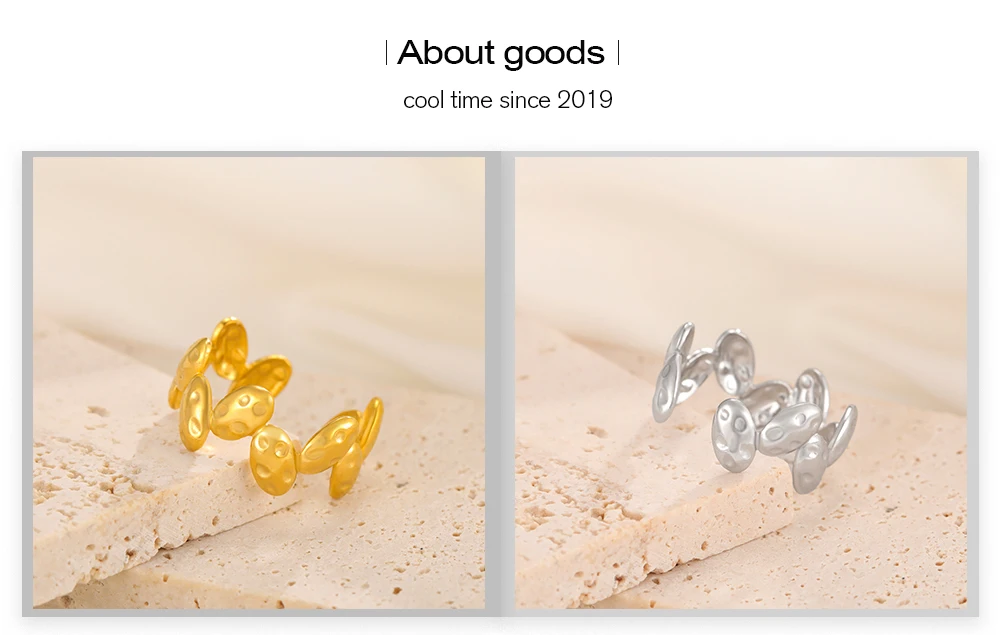 CoolTime Goldfarbene Edelstahl-Damenringe, elliptisch, strukturiert, Wassertropfen-Design, offener Ring, verstellbar, Schmuckgeschenk, Großhandel – Detail 3