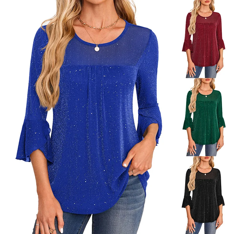 

Y2K Summer Ladies Seven-quarter Sleeve Shirt Chic Elegant Pleated Flared Sleeve Crew Neck Mesh Shirt Casual Fashion Top