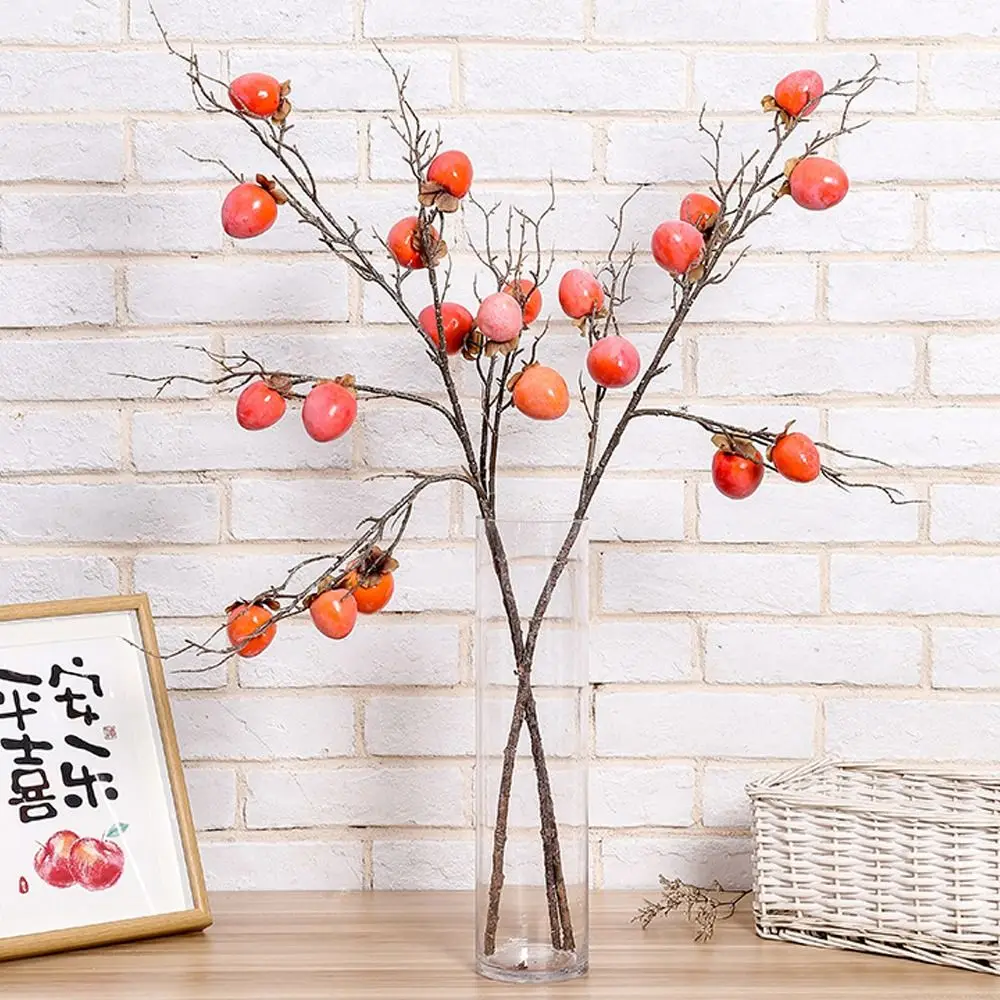 Retro Artificial Persimmon Fruit Branch Plastic Lifelike Simulation Persimmon Tree with Frost DIY Fake Fruit Home Garden Decor