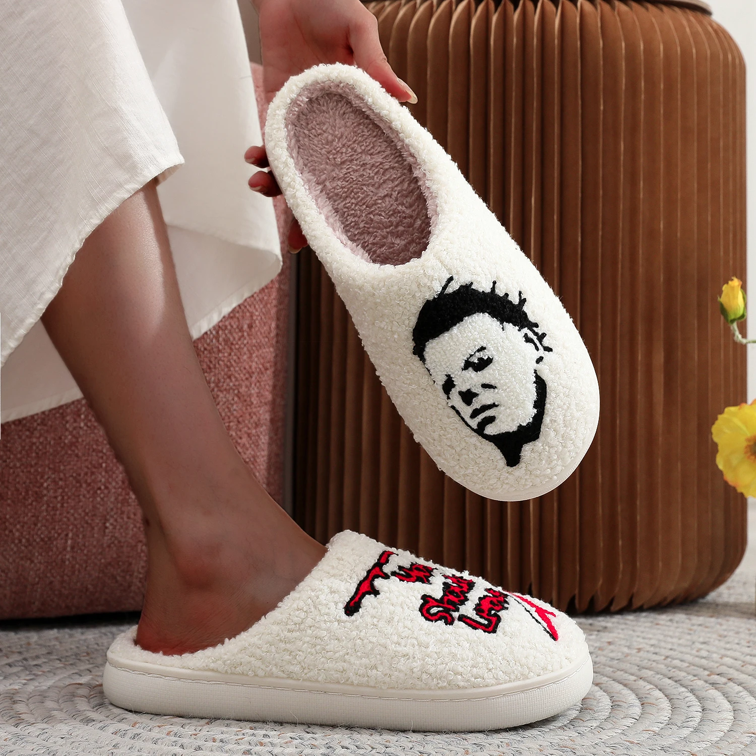 Horror Thriller Movie Michael Myers Halloween Embroidery stuffed Home Thick Sole plaid Furry Cotton Slippers Cute Warm Non-slip Indoor Slippers For