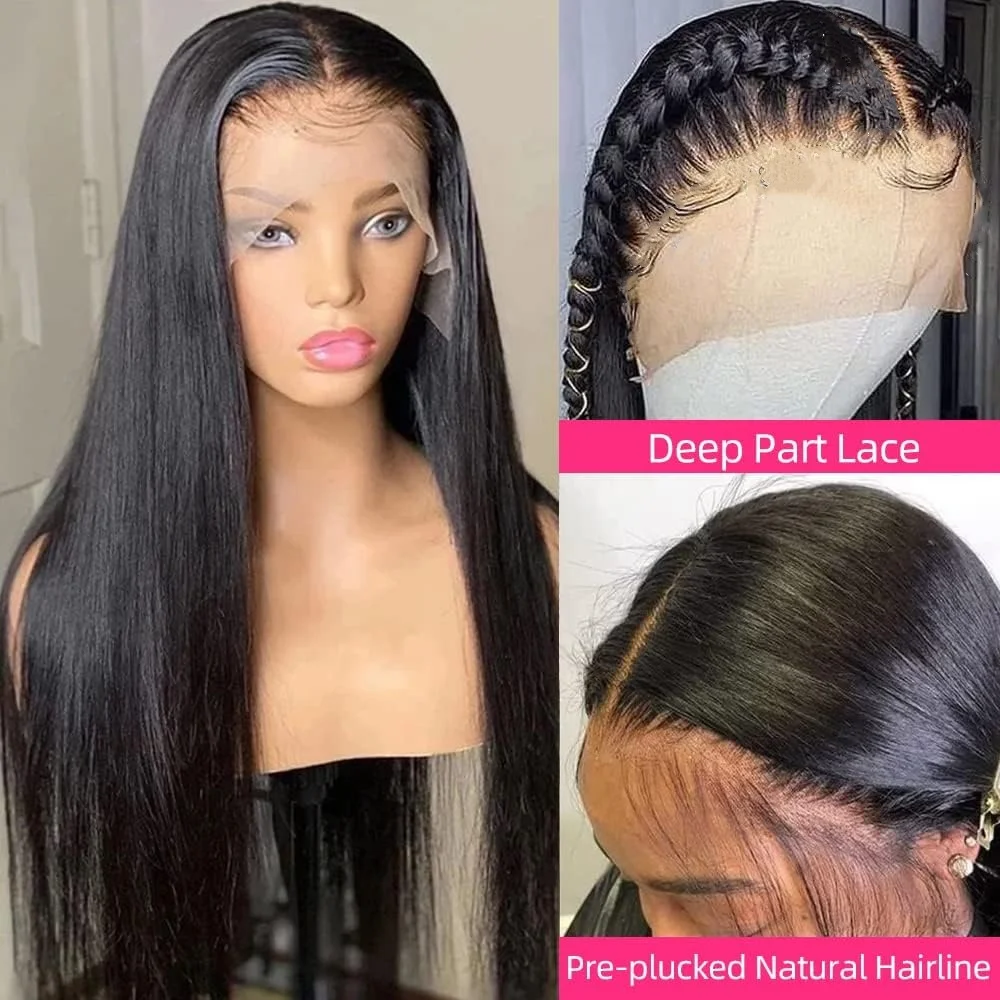 28Inch Natural Black Human Hair 13x6 HD Lace Frontal Wigs Straight Human Hair 180% Density Transparent Lace Front Wigs For Women