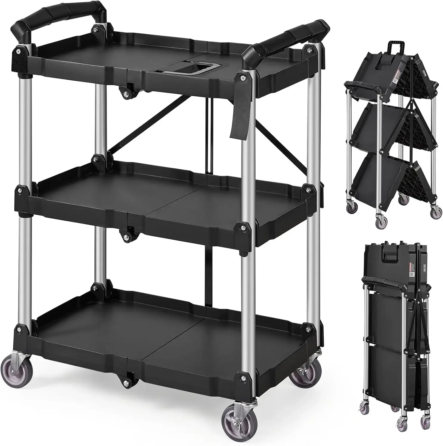 Foldable Utility Service Cart, 165LBS 3 Shelf Heavy Duty Plastic Rolling Cart with 360° Swivel Wheels (2 with Brakes), Ergonomic
