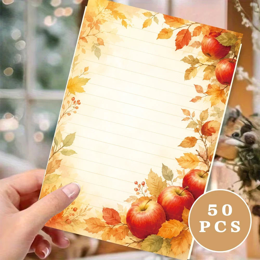 50 Sheets,Retro Harvest Apple Falling Leaves -themed Writing Paper, Lined, Glue-free, Perfect For Notebooks, Memos, And Stickers