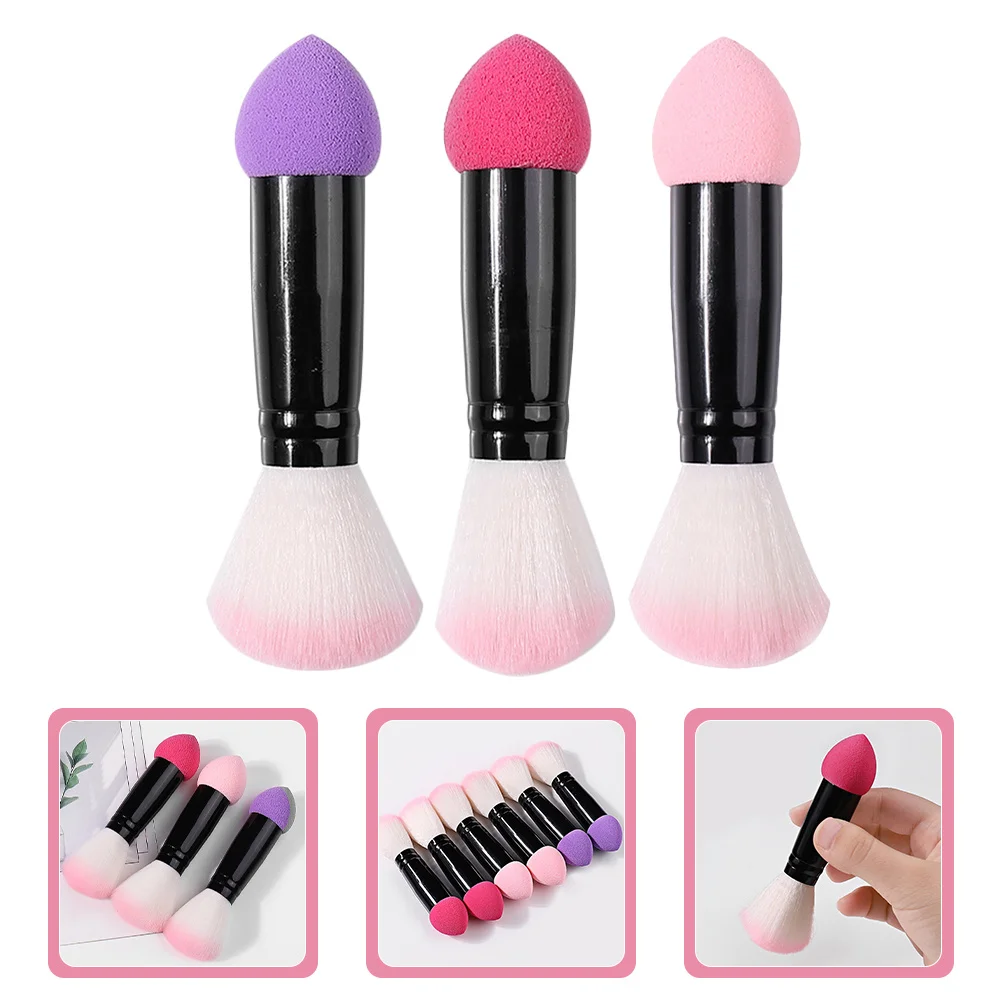 3 pçs pincéis de maquiagem de ponta dupla blush pó escova acabamento natural macio compacto portátil contorno escova dupla face maquiagem