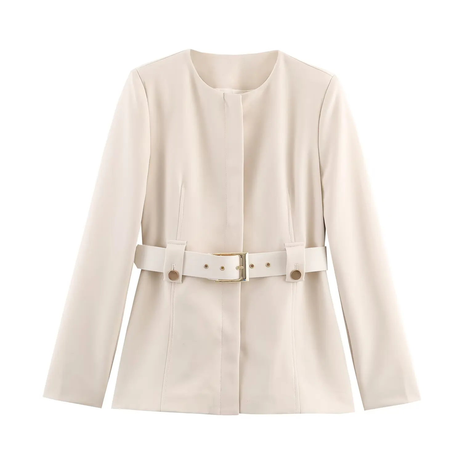 

2025 New Women's Clothing European and American Style Fashion Round Neck Padded Shoulder Slim Belt Jacket