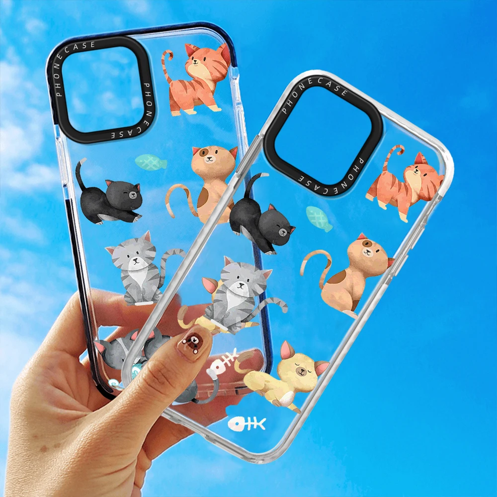 

Soft Transparent TPU Phone Case for iPhone 14 13 Pro Max Mini XR XSMax 7 8 Plus SE2022 Cartoon Cute Cat Cover for iPhone 12 11