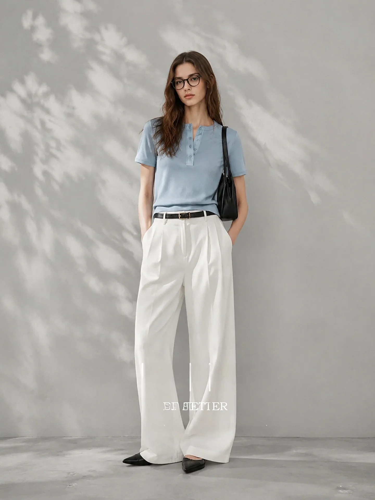 HUAAPPUW Blue Slim Fit Short Sleeve T-Shirt Button Design Half Open Collar Office Wear Women's Fashion Casual Style Cotton Blend